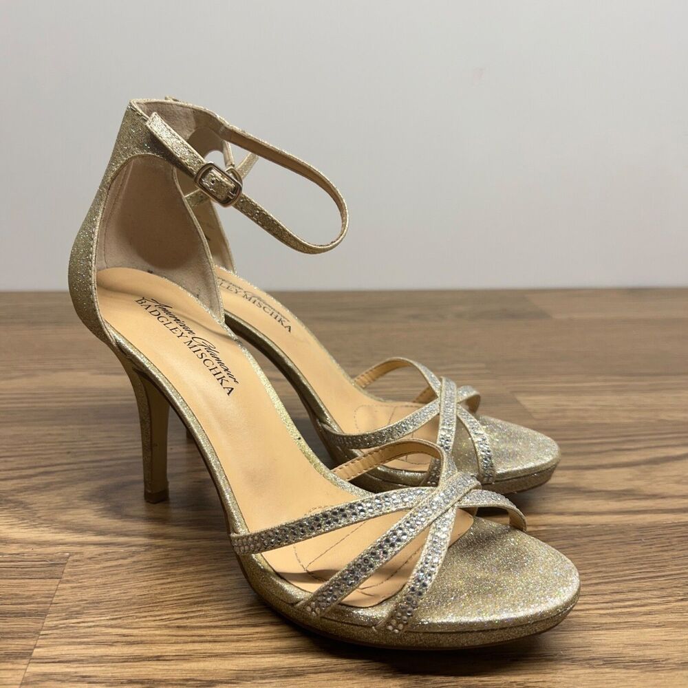 American Glamour Badgley Mischka Gold Sparkle Sandals Size 7.5 Wedding Strappy